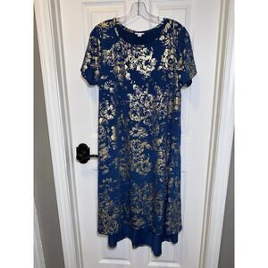 LuLaRoe Large L Elegant Blue Teal and Metallic Gold Floral Hi-Lo Shift Dress EUC